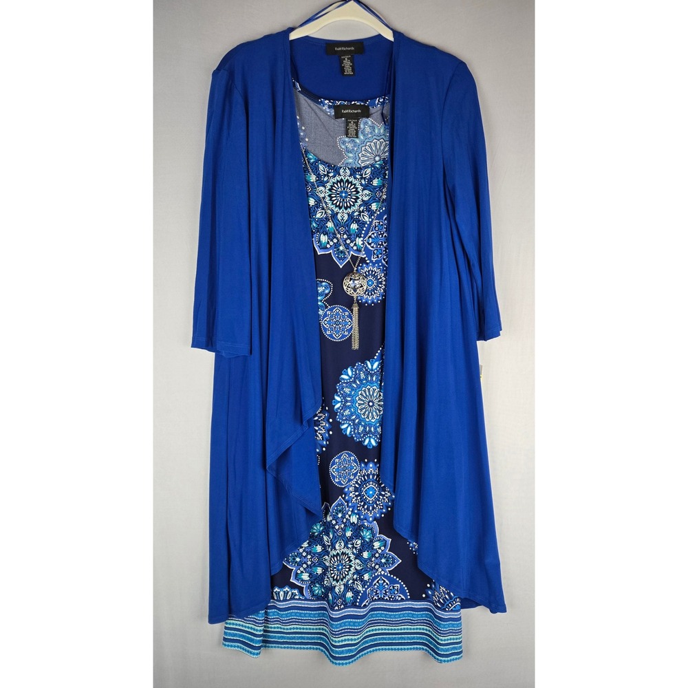 R&M Richards Womens Blue Medallion Print Dress and Cardigan Set with Necklace 6